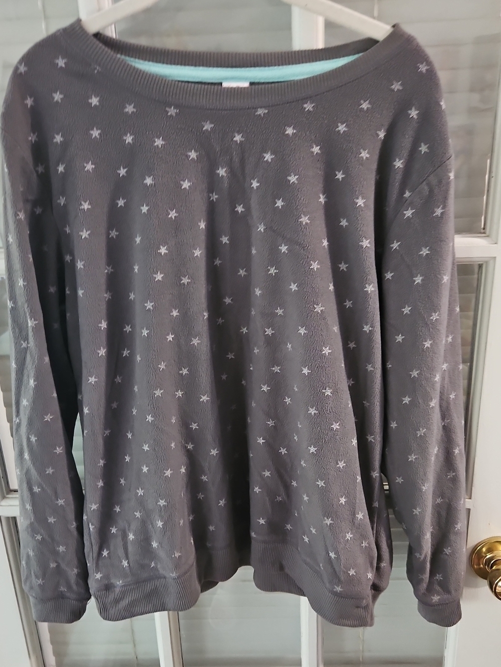 ❤️ Gray Fleece Pullover PJ Top with Mint Trim. Sz Large